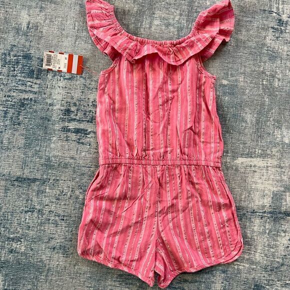 NWT! Cat & Jack Pink Silver Striped Ruffle Sleeve Romper 5T - Picture 2 of 7